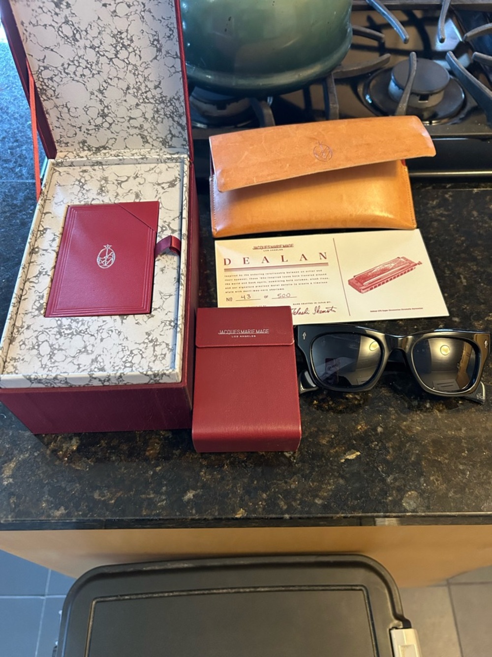 Jacques Marie Mage Black Sunglasses with Burgundy Accessories